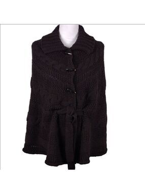 Fratelli Talli Brown Wool Blend Shawl Collar Button Front Knit Sweater Cape